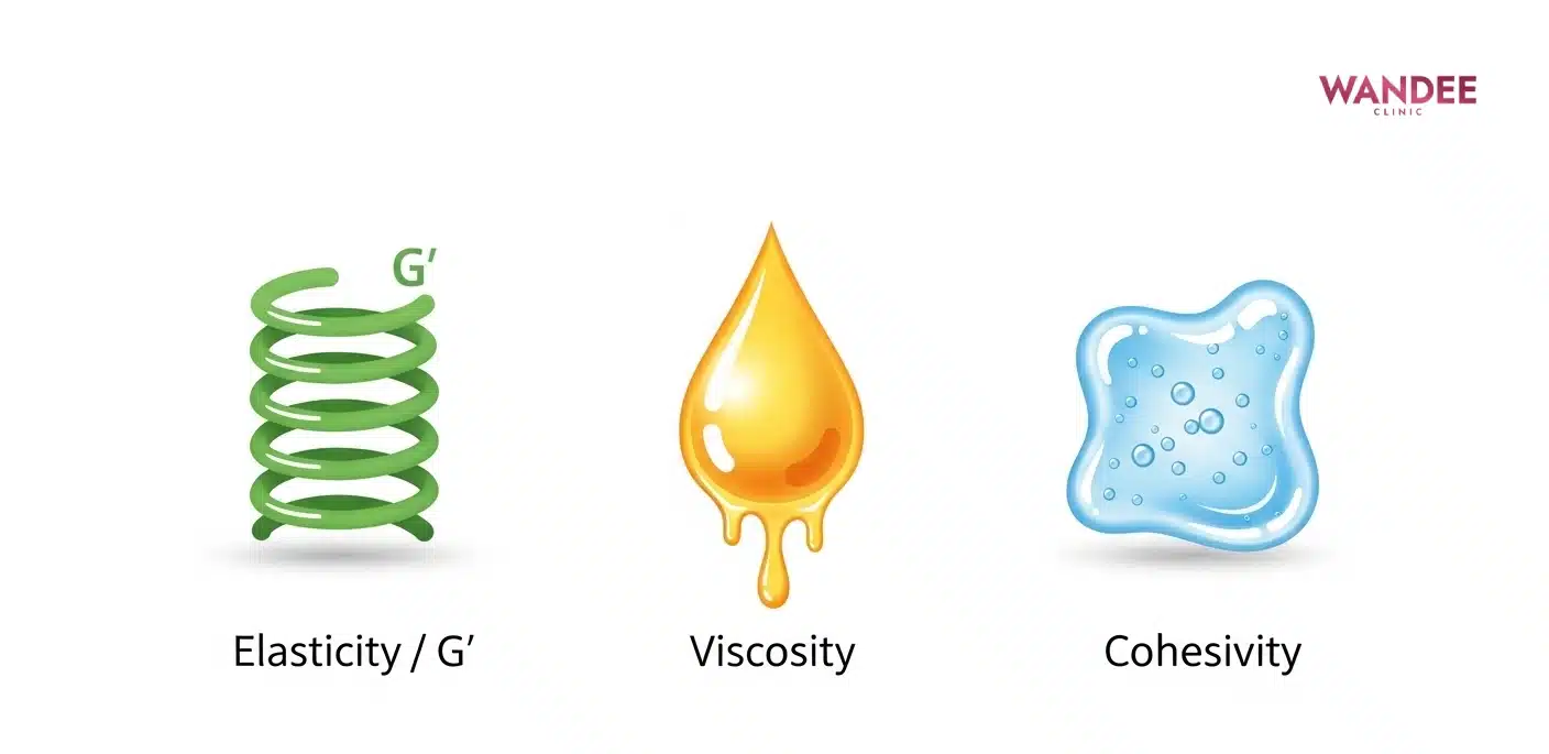 ภาพไอคอน 3 แบบแทนค่า G’ ความยืดหยุ่น ความหนืด และ cohesivity ของฟิลเลอร์ เพื่อช่วยอธิบายพฤติกรรมของเจล