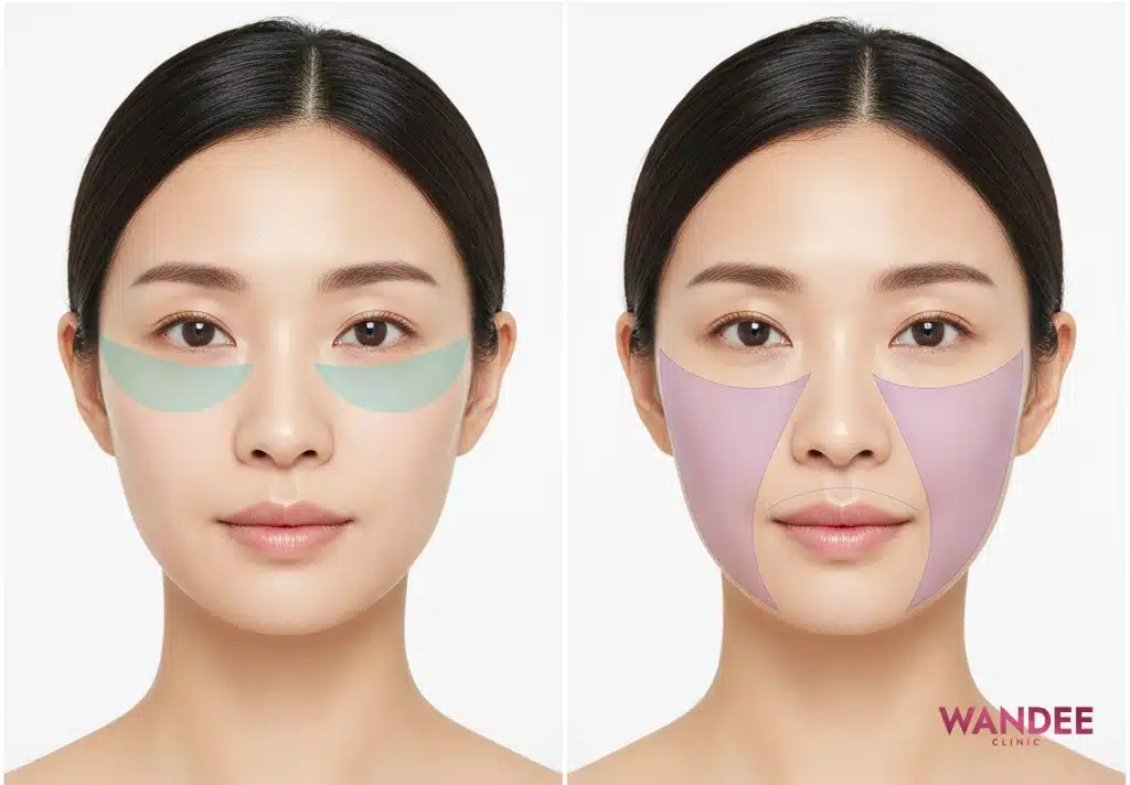 ภาพเปรียบเทียบตำแหน่งใต้ตาและร่องแก้มที่ฟิลเลอร์ทำงานต่างกันตามบทบาทของแต่ละพื้นที่บนใบหน้า