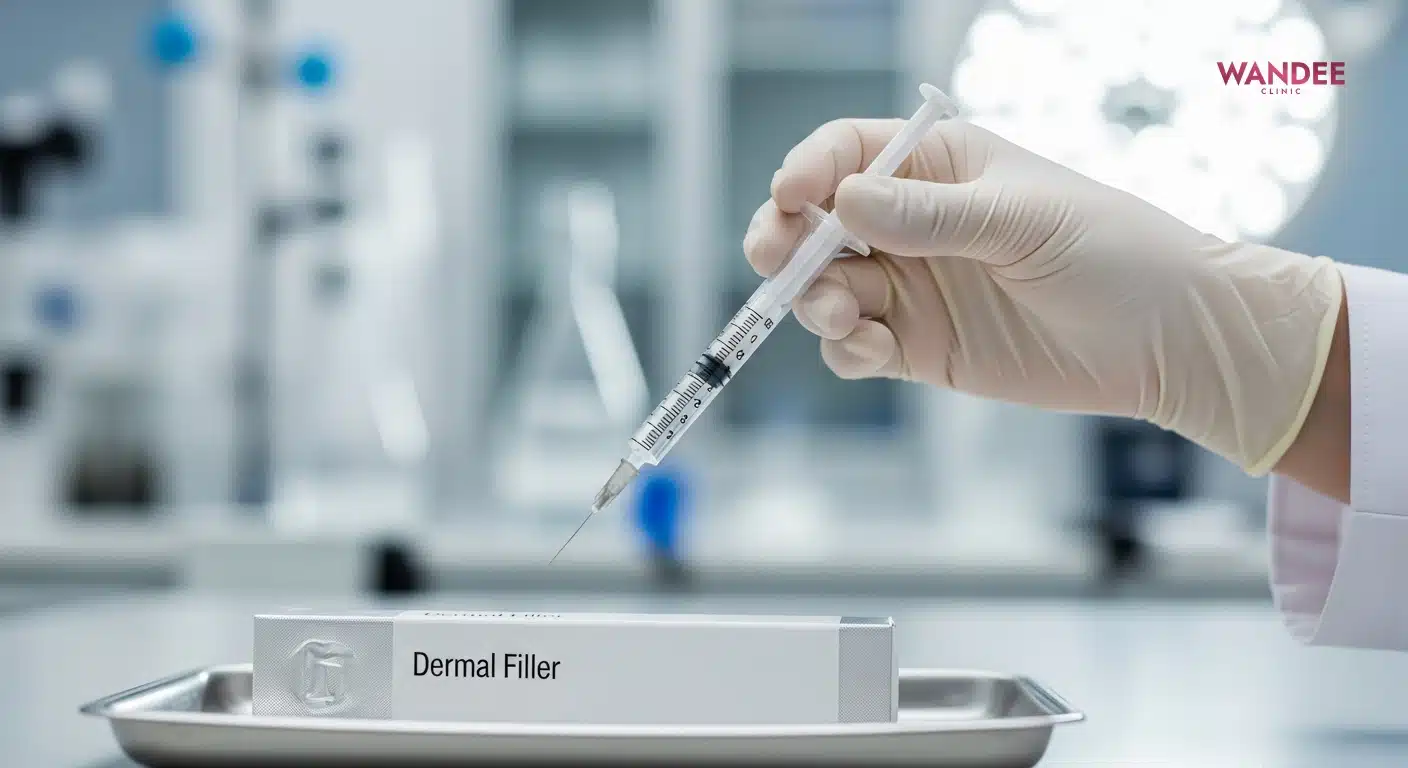 ภาพฟิลเลอร์แท้และอุปกรณ์ฉีดฟิลเลอร์ทางการแพทย์ แสดงการเตรียมยาก่อนการรักษาในคลินิกความงาม