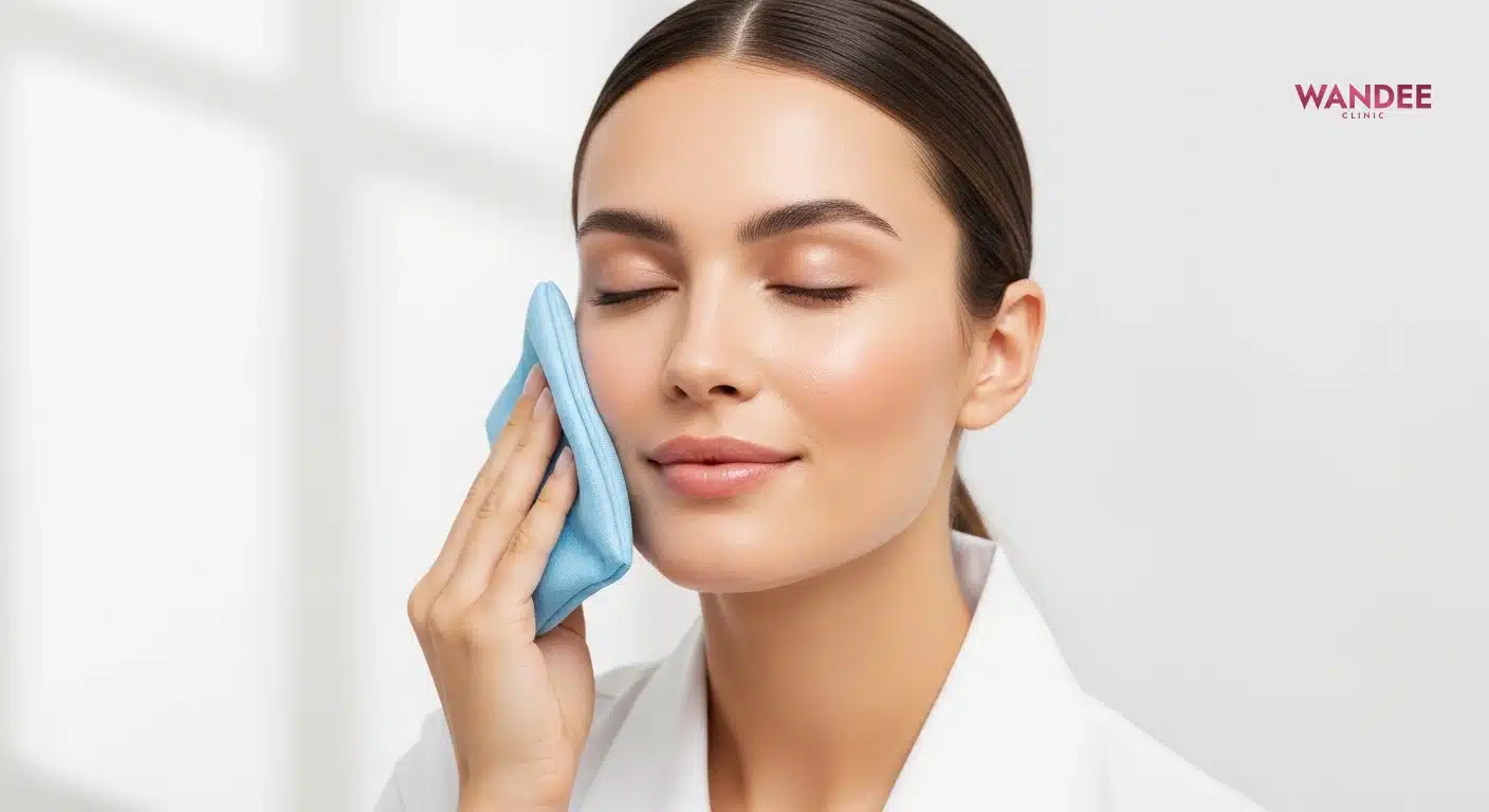 ภาพการดูแลตัวเองหลังฉีดฟิลเลอร์ แสดงการประคบเย็นบริเวณผิวหน้าเพื่อลดบวมและช่วยให้ฟิลเลอร์เข้าที่