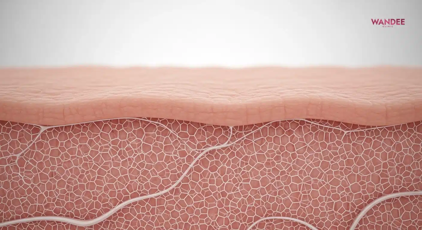 ภาพโครงข่ายเส้นใยคอลลาเจนในชั้นหนังแท้ที่ทำหน้าที่พยุงผิวให้แน่นและเด้ง