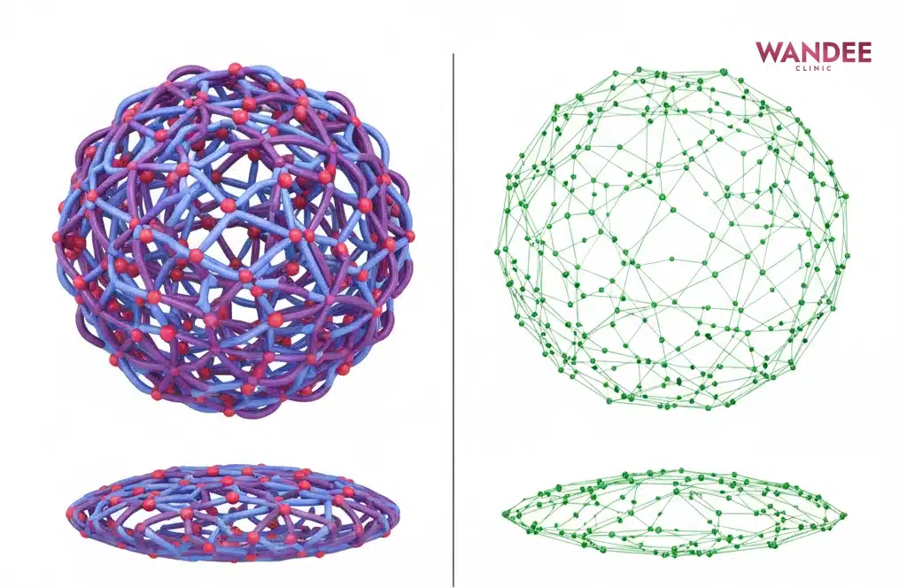 ภาพเปรียบเทียบโครงข่ายฟิลเลอร์แบบ cross linked ที่แน่นกว่า กับโครงข่ายที่หลวมกว่า และการเสียรูปเมื่อถูกกด