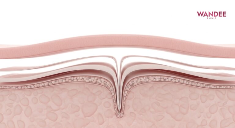 ภาพจำลองการทำงานของฟิลเลอร์ใต้ผิวหน้า แสดงชั้นผิวและการพยุงผิวอย่างเป็นธรรมชาติในโทนคลินิกความงาม