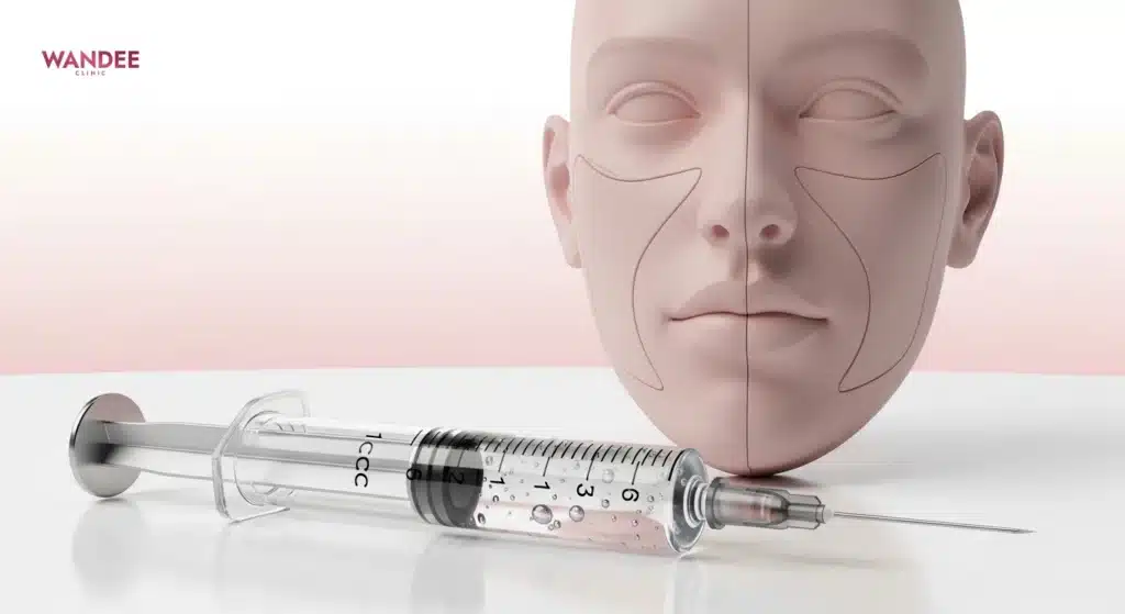 ภาพปกแสดงไซริงค์ 1cc และโครงหน้าแบบการแพทย์ สื่อการวางแผนฟิลเลอร์ให้ผิวดูเนียน