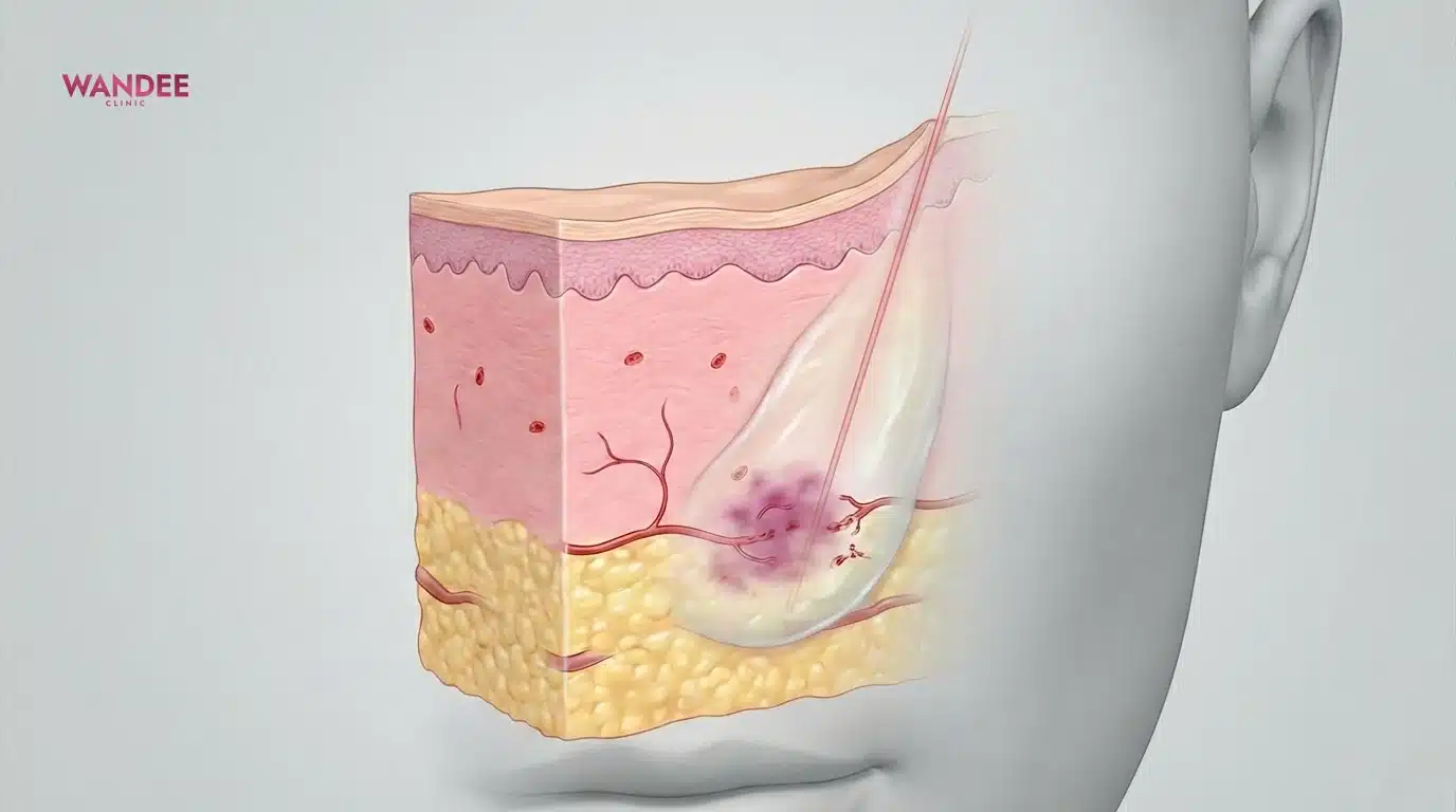 แผนภาพชั้นผิวและเส้นเลือดฝอย แสดงสาเหตุบวมและช้ำหลังฉีดฟิลเลอร์