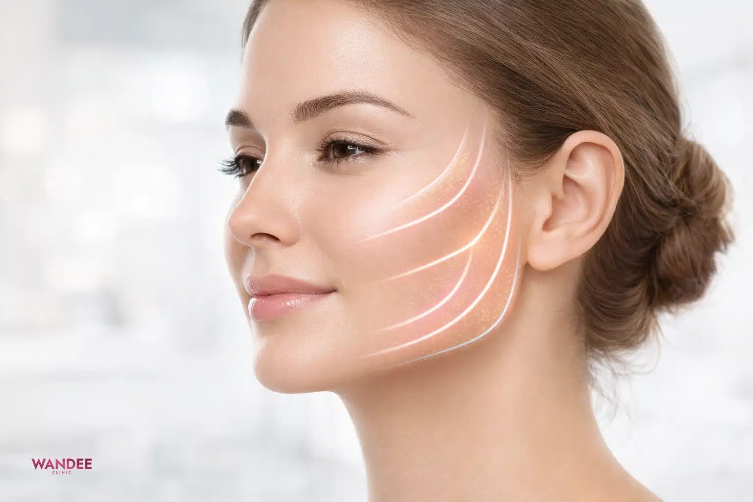 ผู้หญิงผิวเรียบเนียนพร้อมเส้นไฮไลต์แนวกรอบหน้า แสดงแนวคิดฟิลเลอร์และเครื่องยกกระชับทำงานคนละชั้น