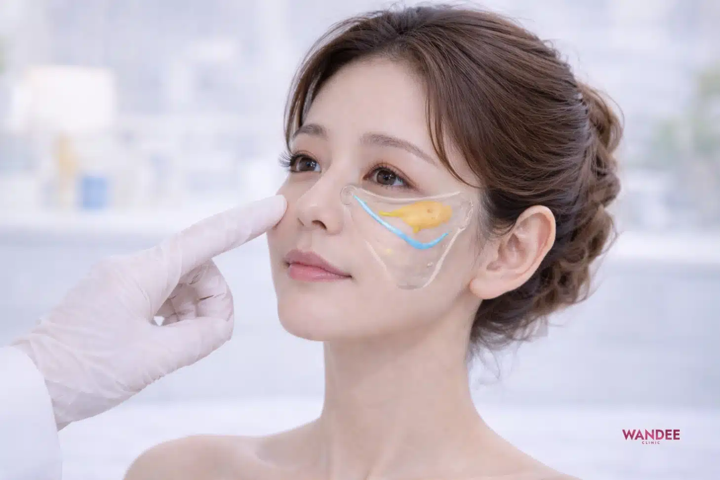 ภาพโครงสร้างใต้ตาแสดงชั้นผิว ไขมัน และร่องลึกบริเวณ tear trough ในหญิงเอเชีย โทนคลินิก