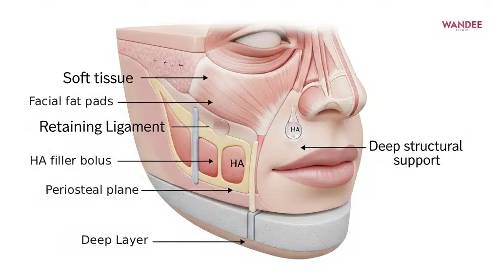 ภาพตัดชั้นโครงสร้างใบหน้าแสดงฟิลเลอร์วางชั้นลึกใกล้กระดูกเพื่อพยุงโครงสร้างและทำให้ผิวด้านบนดูนุ่มขึ้น