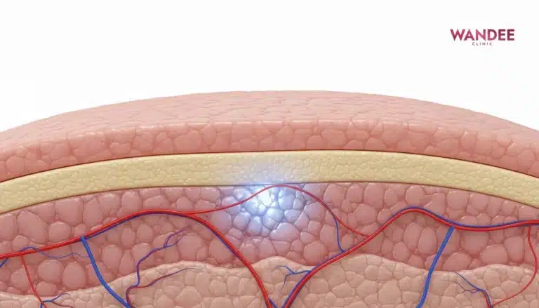 ภาพ 3D medical แสดงชั้นผิวและเครือข่ายหลอดเลือดบริเวณใบหน้า พร้อมจุดเลือดไปเลี้ยงลดลง เพื่ออธิบายภาวะฟิลเลอร์อุดตันเส้นเลือด