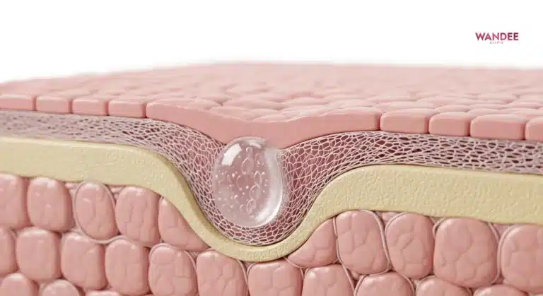 ภาพสื่อความสัมพันธ์ระหว่างเจลฟิลเลอร์และโครงข่ายคอลลาเจนใต้ผิวในมุมตัดชั้นผิว