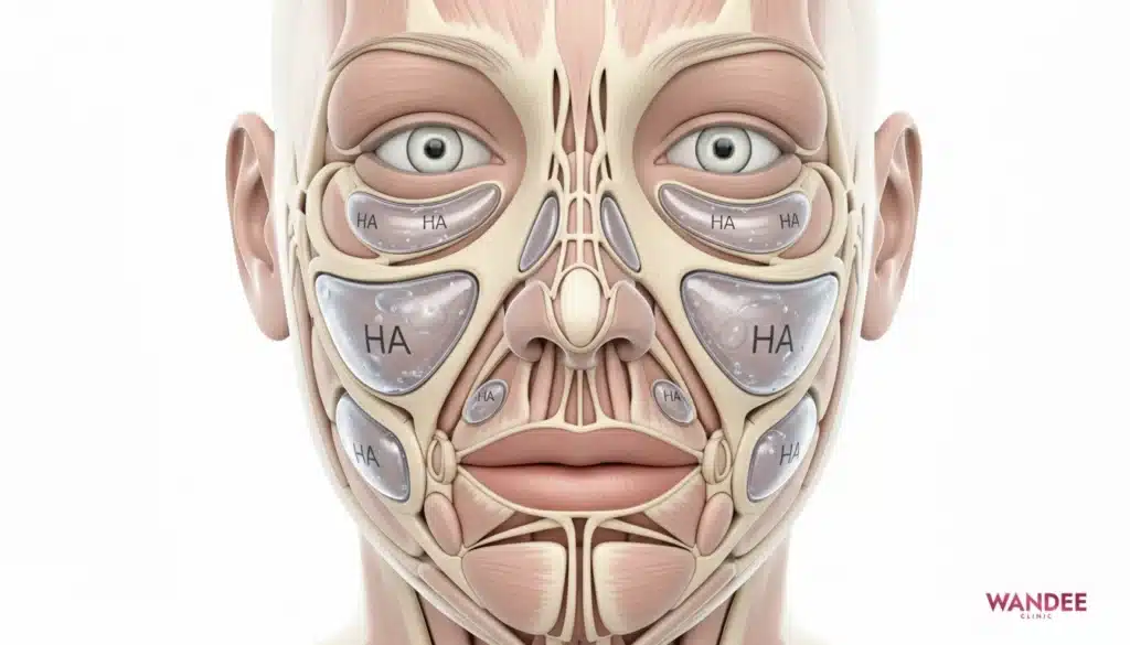 ใบหน้าพร้อมไฮไลต์ตำแหน่งที่ฟิลเลอร์ยุบเร็วจากชั้นที่ฉีดและการขยับ