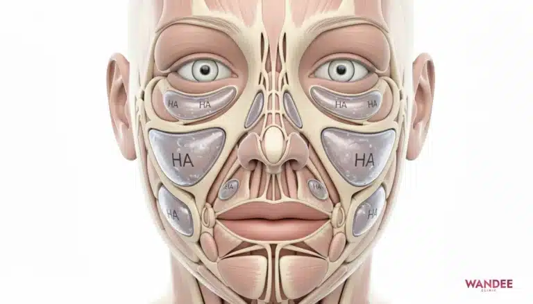 ใบหน้าพร้อมไฮไลต์ตำแหน่งที่ฟิลเลอร์ยุบเร็วจากชั้นที่ฉีดและการขยับ