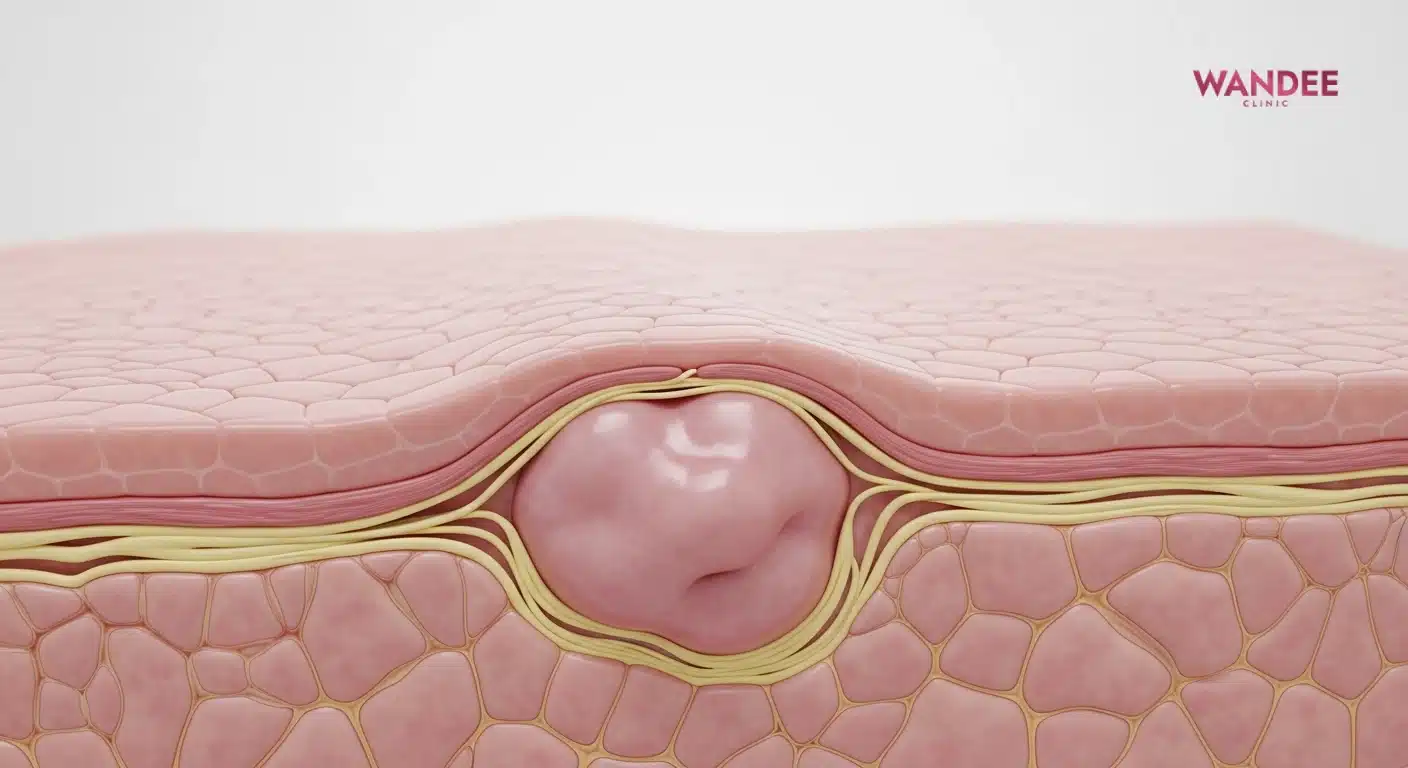 ภาพสามมิติแสดงตัวอย่างก้อนแข็งหรือบวมผิดปกติใต้ผิวหลังฉีดฟิลเลอร์