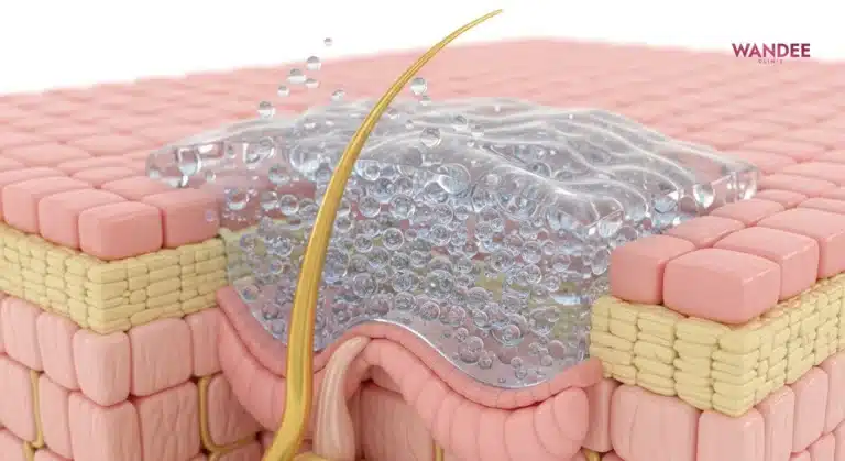 ภาพสามมิติแสดงเจลฟิลเลอร์ HA อุ้มน้ำรอบตัว ทำให้ช่วงแรกดูฟูและบวมได้