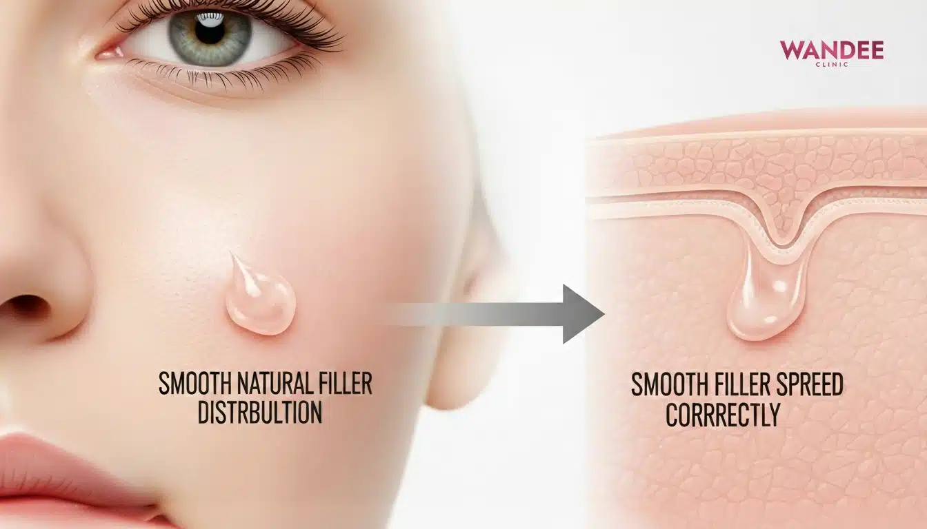 ภาพอธิบายสาเหตุฟิลเลอร์เป็นก้อนใต้ผิวหนัง แสดงการกระจายฟิลเลอร์ปกติและฟิลเลอร์ที่รวมตัวเป็นก้อนใต้ผิวหน้า