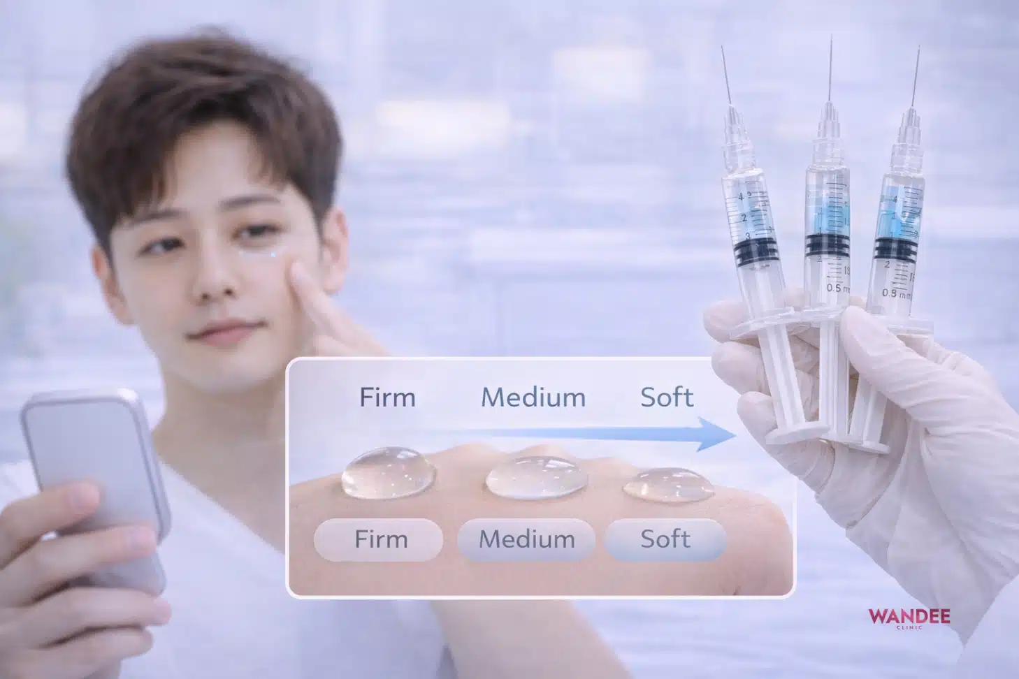 ภาพเปรียบเทียบเนื้อฟิลเลอร์ความหนาแน่นต่างกันในคลินิก พร้อมการประเมินใต้ตาโดยแพทย์