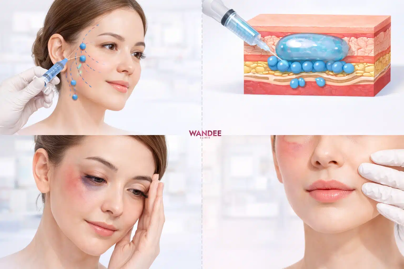 ภาพแสดงปัจจัยที่ทำให้ต้องเว้นระยะหลังฉีดฟิลเลอร์นานขึ้น เช่น ฉีดหลายจุด ปริมาณมาก ผิวบางบวมง่าย ใต้ตาและริมฝีปากช้ำง่าย