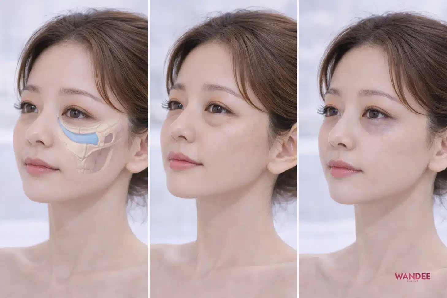 ภาพเปรียบเทียบ 3 ลักษณะปัญหาใต้ตา ได้แก่ ร่องลึก ถุงใต้ตานูน และผิวบางคล้ำ โทนคลินิกสมจริง