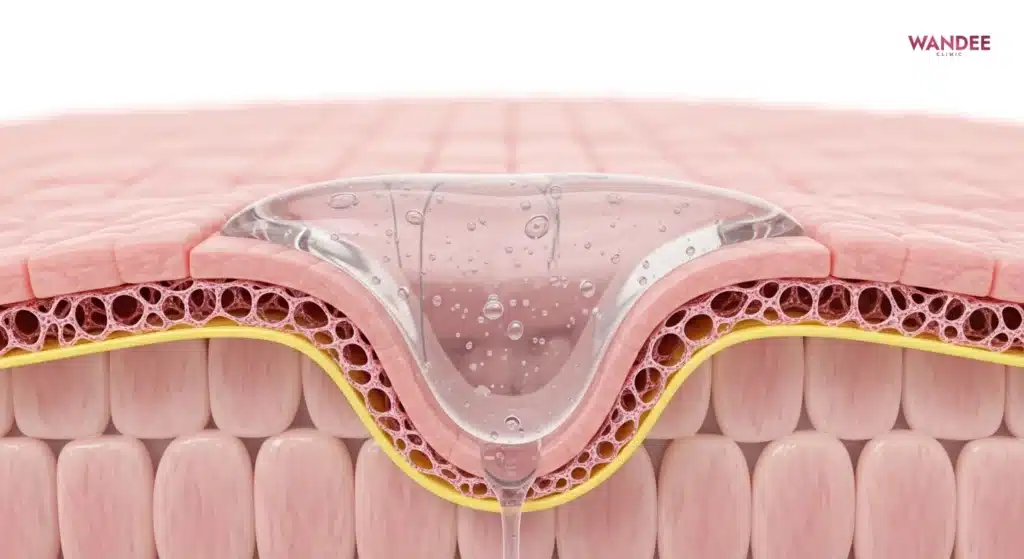 ภาพสามมิติแสดงเจล HA กลืนกับเนื้อเยื่อทำให้ผิวดูเรียบเนียน