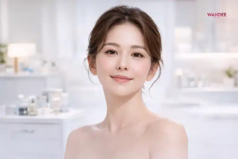 ผู้หญิงผิวดูสุขภาพดีโทนคลินิกความงาม สื่อการเติมเต็มใบหน้าอย่างเป็นธรรมชาติ