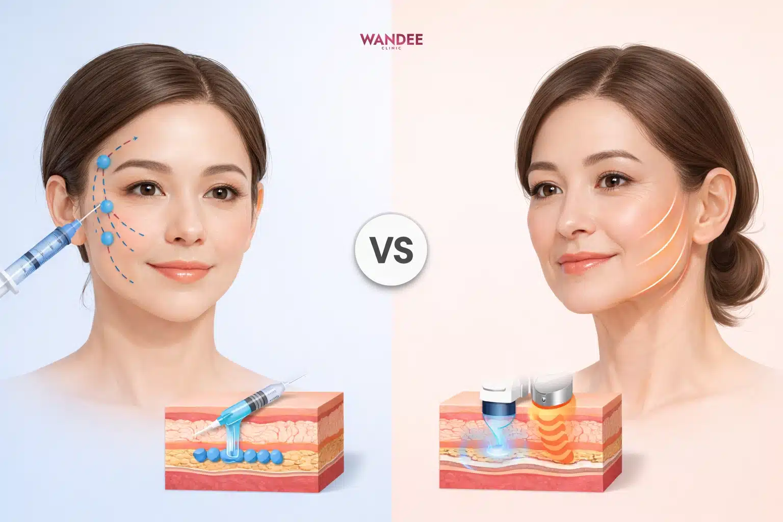 ภาพเปรียบเทียบปัญหาขาดวอลุ่มกับผิวหย่อนคล้อย พร้อมแสดงแนวทางฟิลเลอร์และเครื่องยกกระชับ