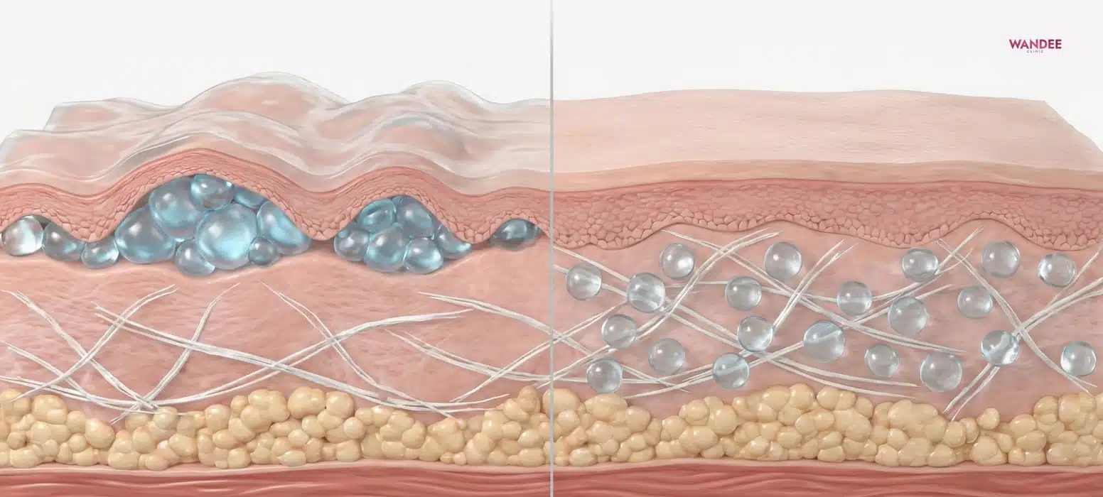ภาพเปรียบเทียบฉีดตื้นเกินกับฉีดชั้นที่เหมาะต่อความเรียบเนียนของผิว