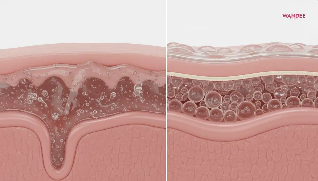 ภาพ 3D medical เปรียบเทียบการกระจายตัวของเจลฟิลเลอร์ที่เนียนกับการจับตัวเป็นก้อนในชั้นเนื้อเยื่อแบบไม่มีข้อความ