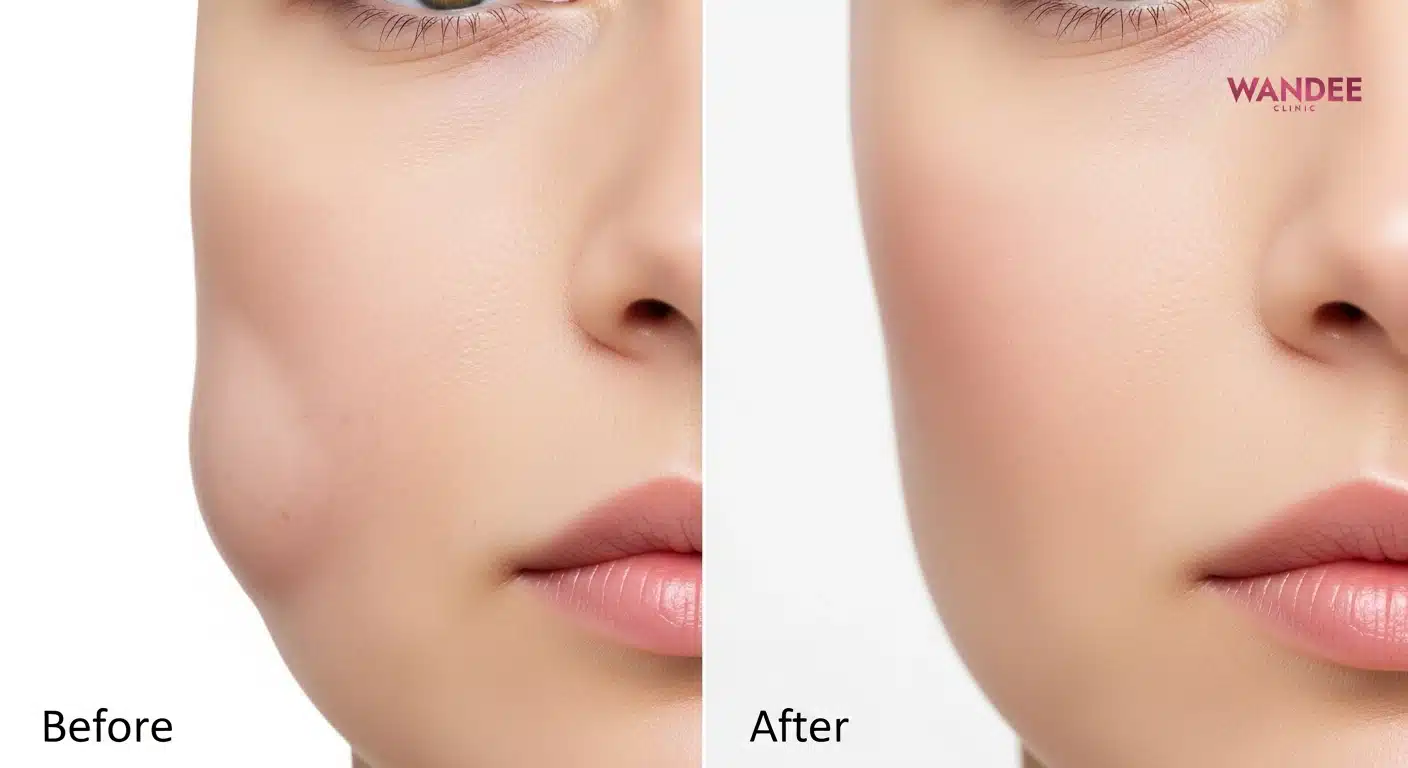 ภาพก่อนและหลังแก้ไขฟิลเลอร์เป็นก้อนใต้ผิวหน้า แสดงผลลัพธ์ผิวเรียบเนียนหลังรักษาโดยแพทย์