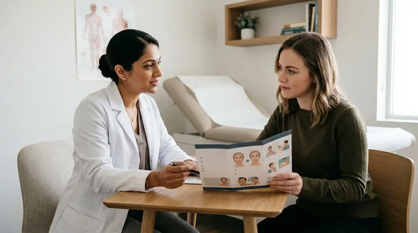 แพทย์กำลังให้คำปรึกษาเพื่อช่วยลดความเสี่ยงก่อนฉีดฟิลเลอร์