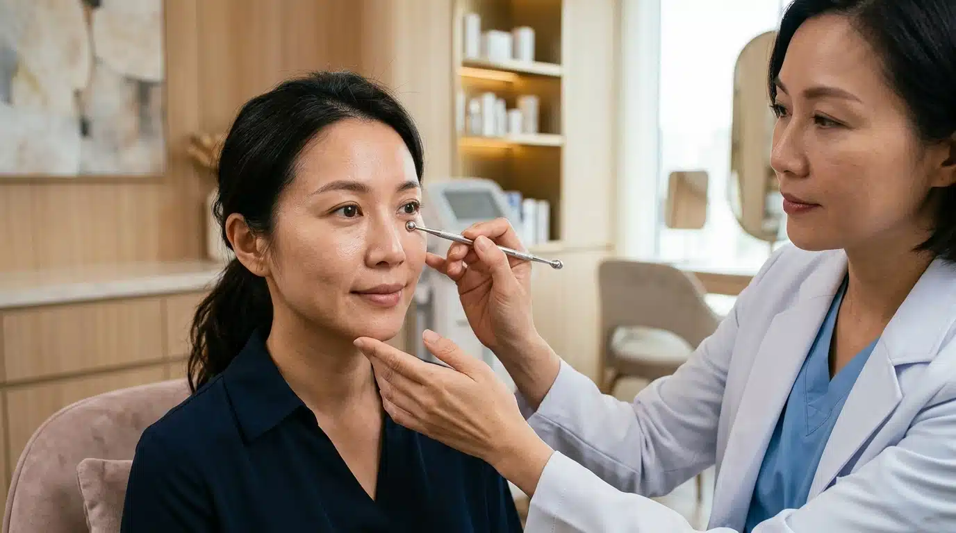 แพทย์กำลังวิเคราะห์ตำแหน่งและชั้นผิวที่มีผลต่อทรงฟิลเลอร์