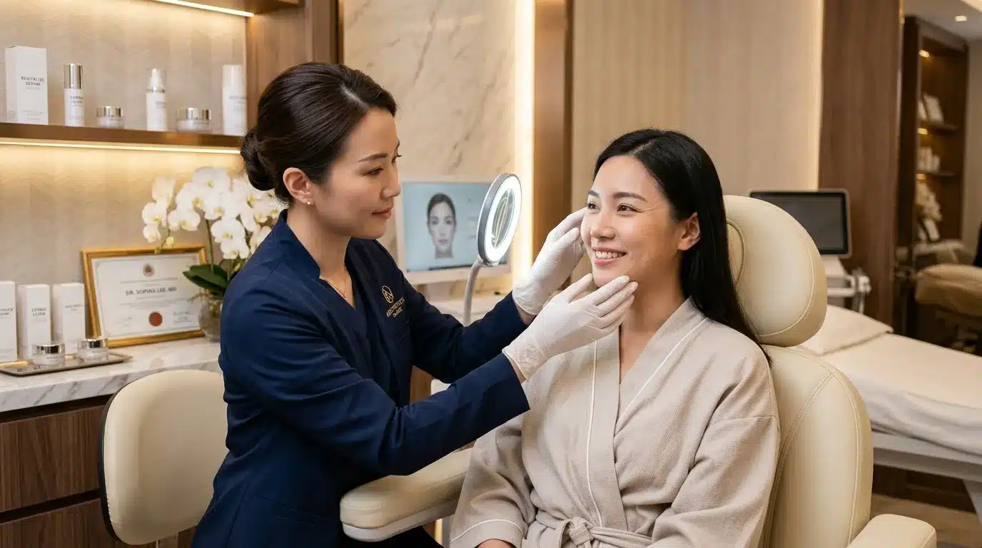 ภาพสื่อการประเมินใบหน้าโดยแพทย์เพื่อเลือกว่าควรเริ่มฟิลเลอร์หรือ HIFU ให้เหมาะกับแต่ละคน