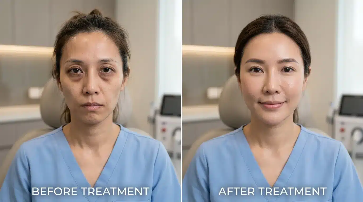 ภาพสื่อใบหน้าที่มีใต้ตาลึก แก้มตอบ และขาดมิติ ซึ่งมักเหมาะกับการประเมินฟิลเลอร์มากกว่า