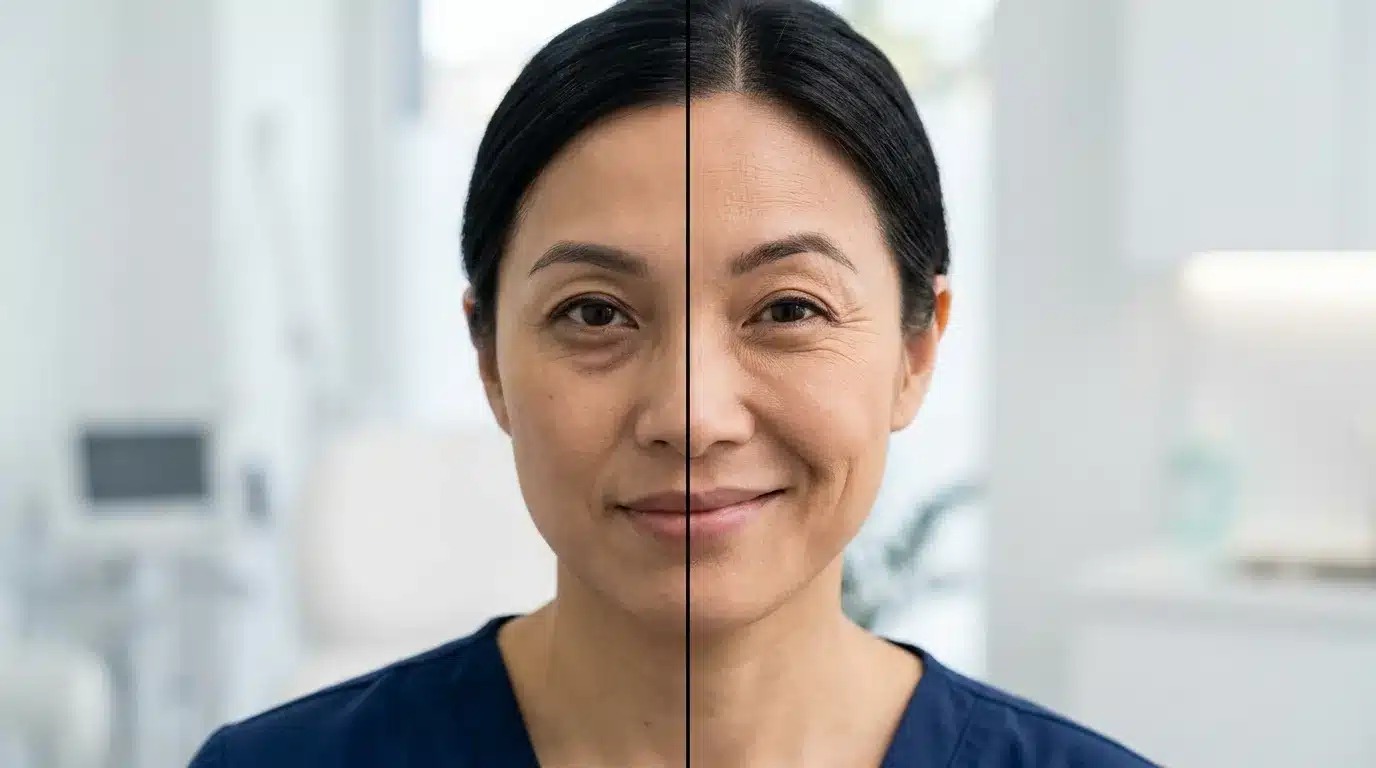 ภาพเปรียบเทียบปัญหาริ้วที่เกิดตอนขยับกับร่องลึกที่เห็นแม้ตอนหน้านิ่ง