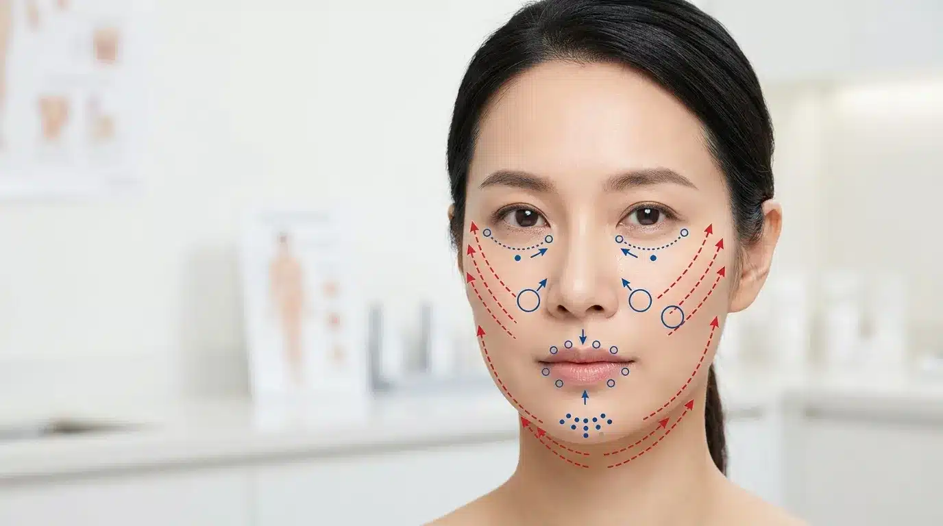 ภาพแผนที่ใบหน้าที่แสดงตำแหน่งยอดนิยมของฟิลเลอร์และร้อยไหม