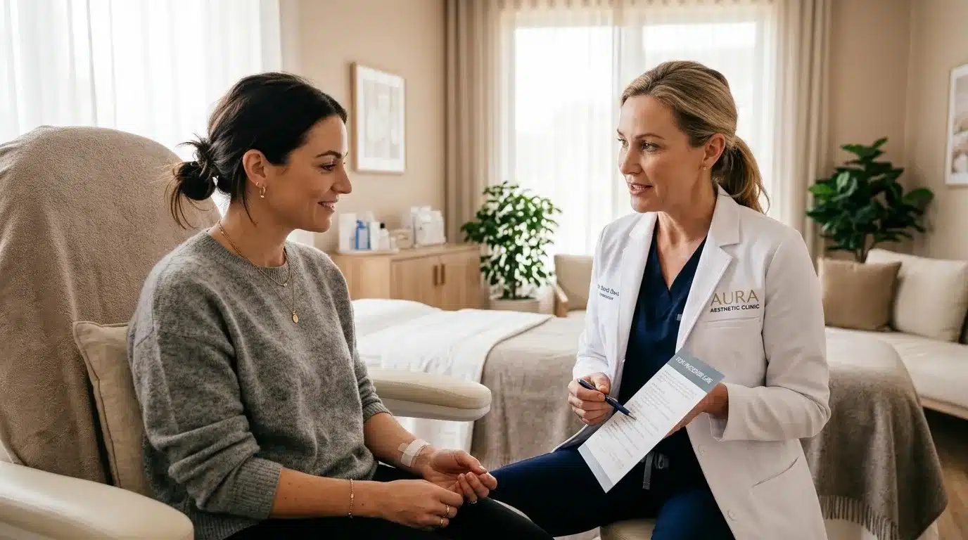 แพทย์กำลังให้คำแนะนำการดูแลหลังฉีดฟิลเลอร์ใหม่