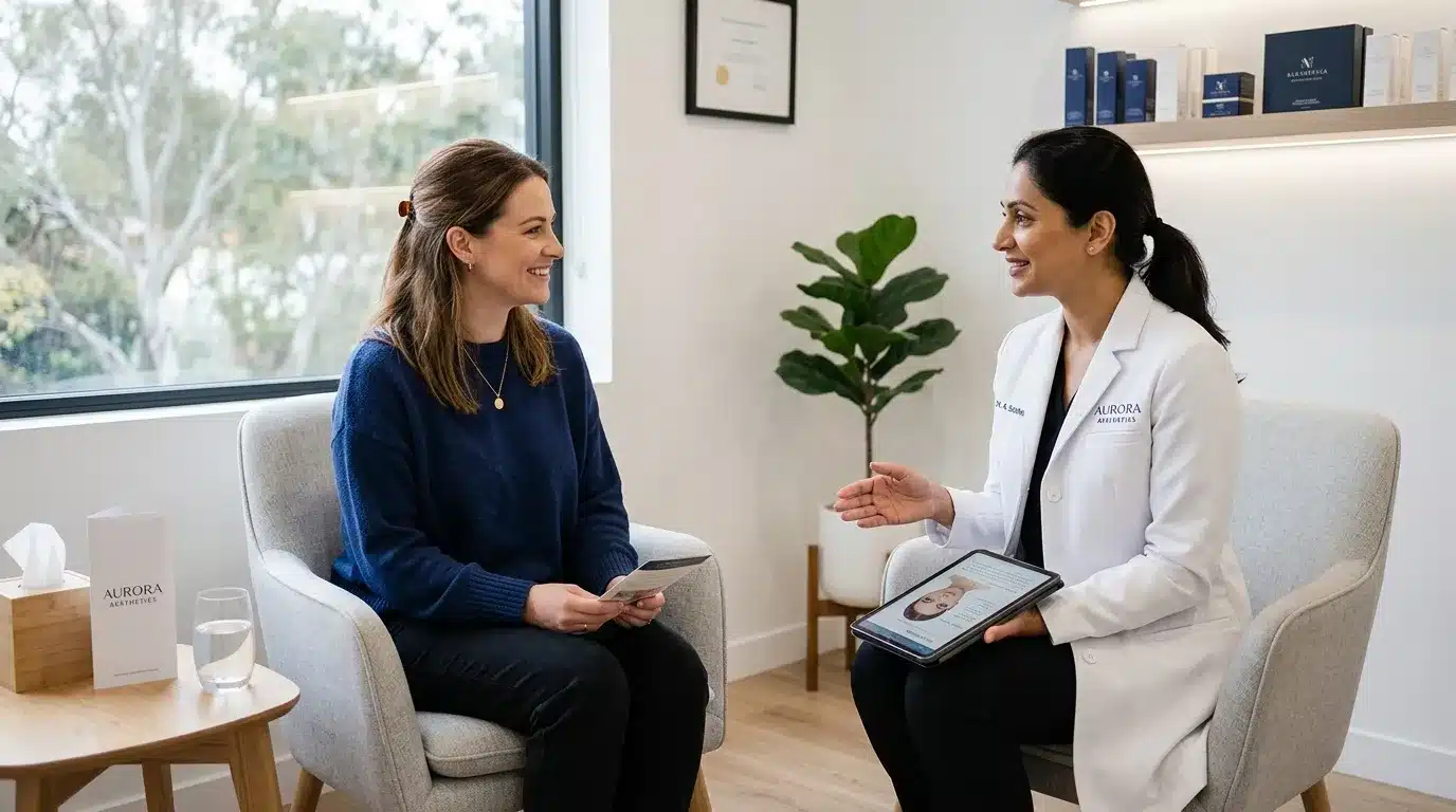 แพทย์กำลังอธิบายระยะเวลารอก่อนฉีดฟิลเลอร์ใหม่