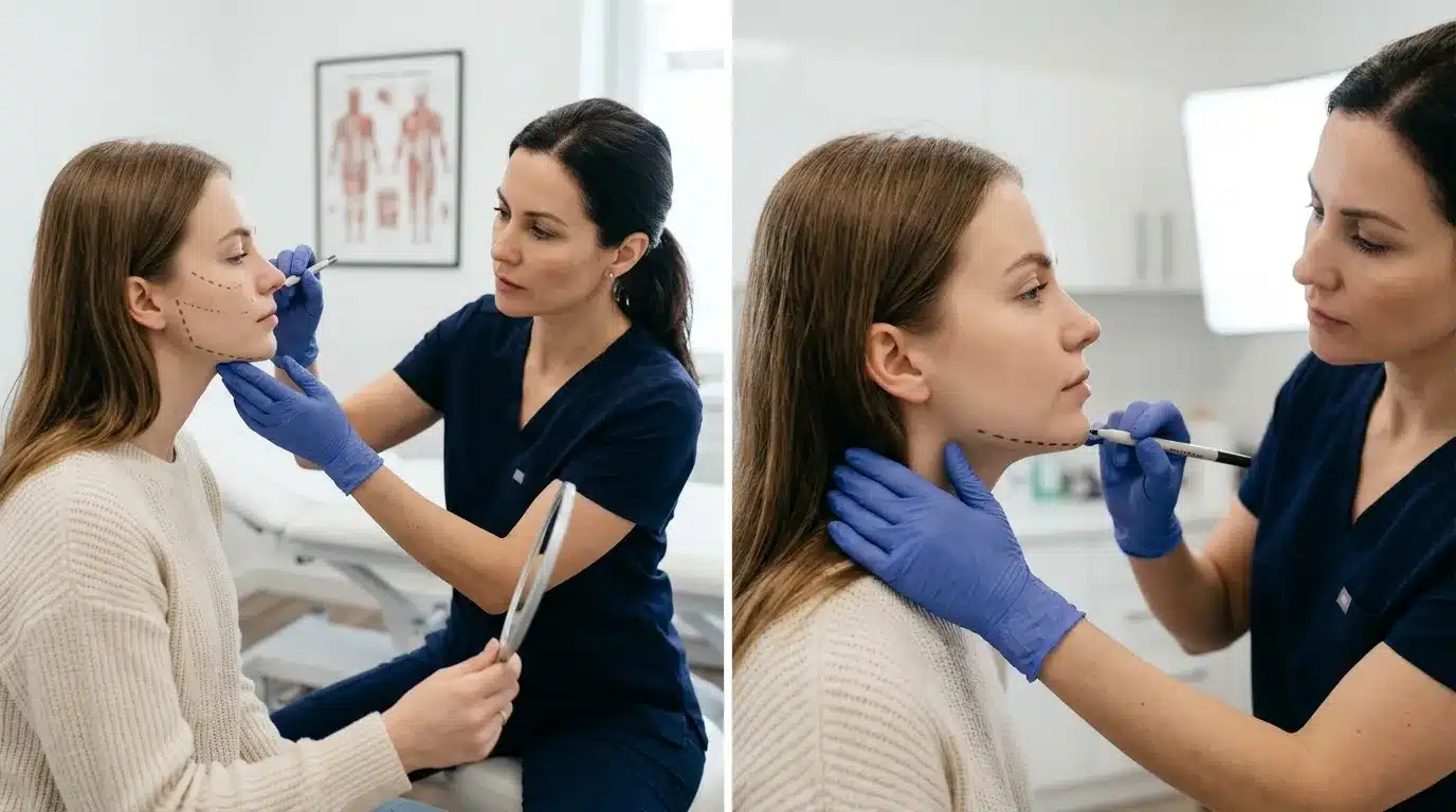 แพทย์กำลังวางแผนตำแหน่งฉีดฟิลเลอร์ใหม่