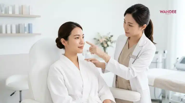 ภาพแพทย์ประเมินตำแหน่งฉีดฟิลเลอร์บนใบหน้า เพื่ออธิบายความแตกต่างของระยะคงอยู่ในแต่ละจุด