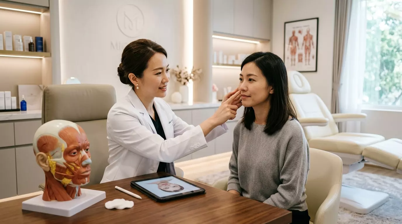 แพทย์กำลังอธิบายสาเหตุที่ฟิลเลอร์อาจดูฟูผิดจุดหลังฉีด