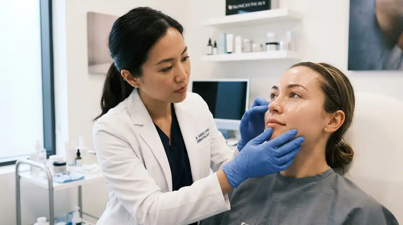 แพทย์กำลังตรวจสภาพผิวและเนื้อเยื่อหลังสลายฟิลเลอร์