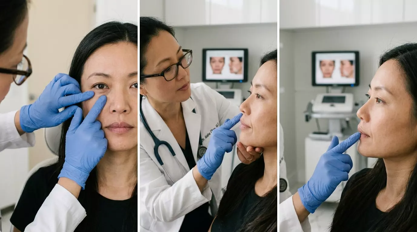 แพทย์กำลังประเมินตำแหน่งต่าง ๆ บนใบหน้าที่อาจเกิดปัญหาฟิลเลอร์ไหล
