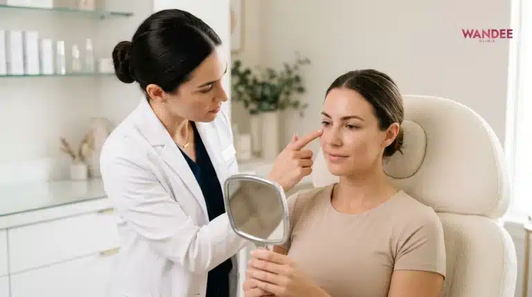 แพทย์กำลังประเมินอาการบวมหลังฉีดฟิลเลอร์ของคนไข้ในคลินิก