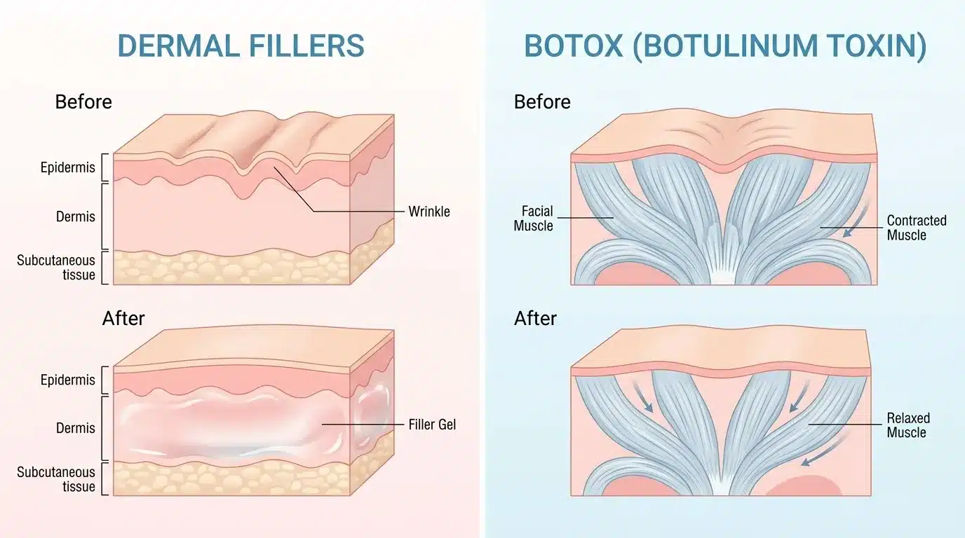 ภาพสื่อว่าฟิลเลอร์ช่วยเติมร่องและพยุงชั้นผิว ส่วนโบท็อกซ์ช่วยลดแรงกล้ามเนื้อที่ทำให้เกิดริ้ว