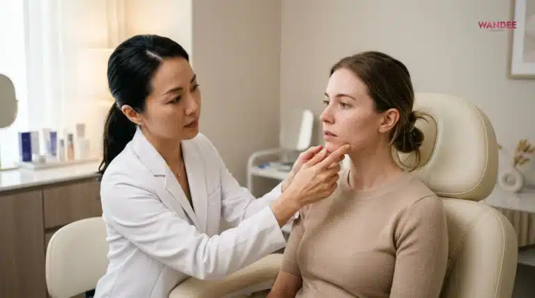 แพทย์กำลังประเมินเคสแก้ฟิลเลอร์พังบนใบหน้าคนไข้ในคลินิกความงาม