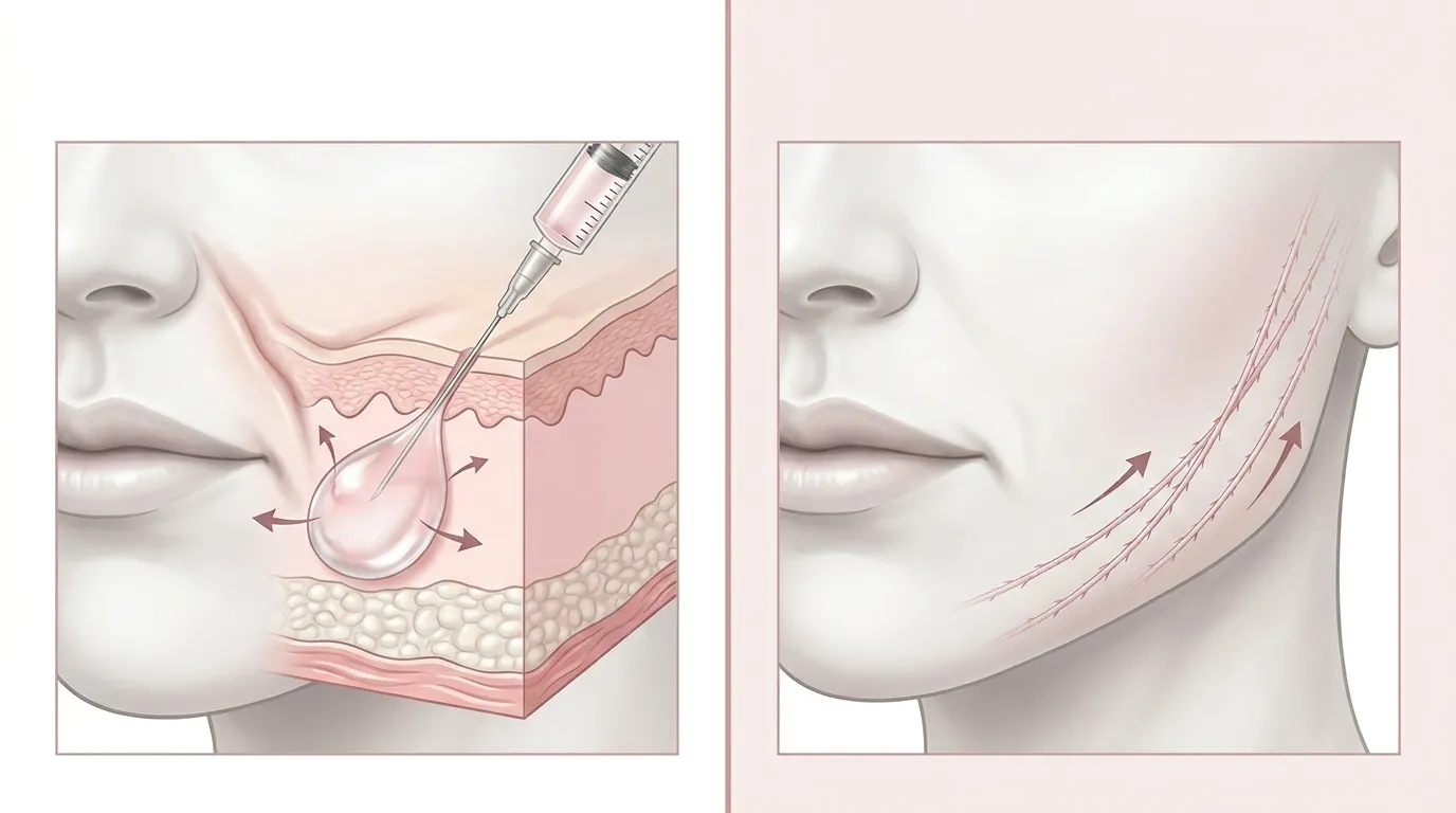 ภาพสื่อว่าฟิลเลอร์ช่วยเติมวอลลุ่มใต้ผิว ส่วนร้อยไหมช่วยพยุงและยกเนื้อเยื่อ