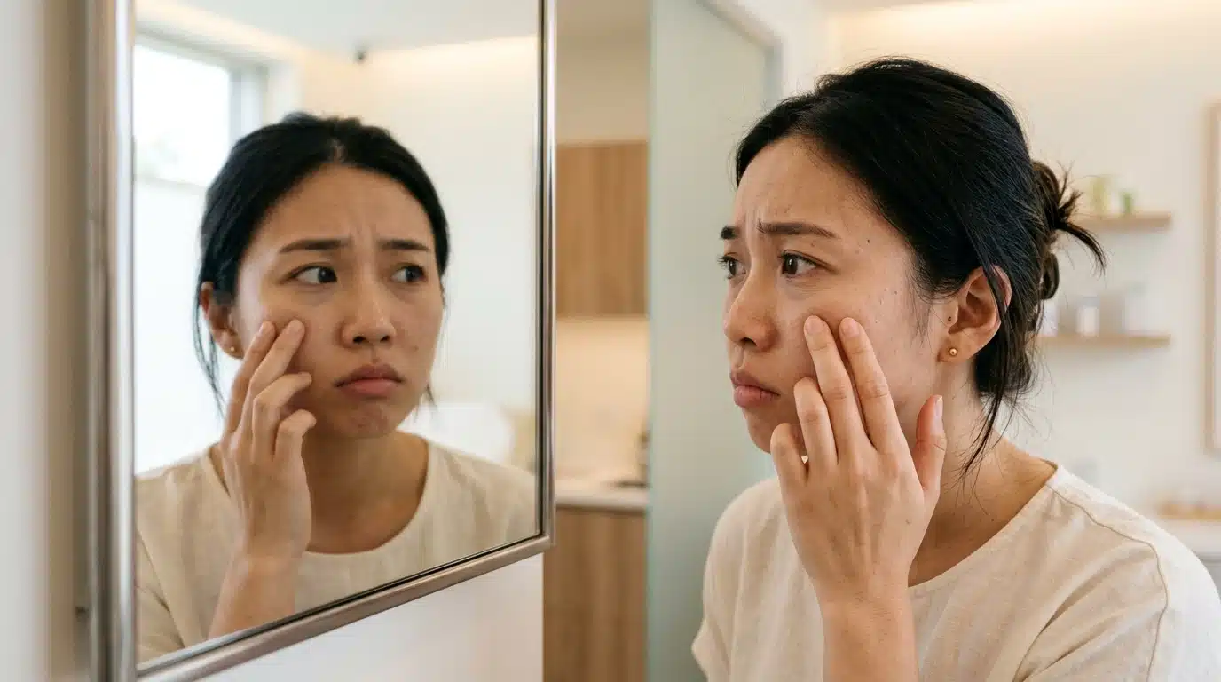 คนไข้กำลังสังเกตความผิดปกติของฟิลเลอร์บนใบหน้าจากกระจก