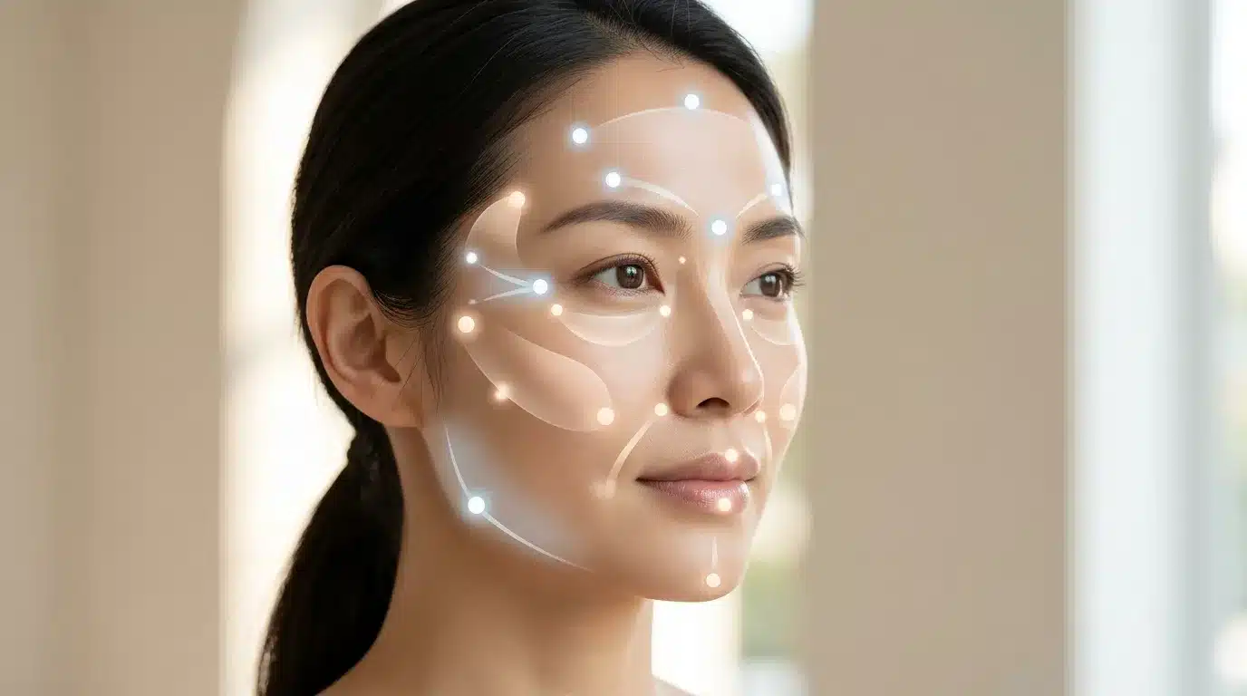 ภาพสื่อจุดบนใบหน้าที่มักใช้โบท็อกซ์เพื่อลดริ้วจากกล้ามเนื้อ และจุดที่มักใช้ฟิลเลอร์เพื่อเติมวอลลุ่ม